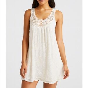 Boho Ivory Crochet Lace Mini Dress Tunic Sleeveless Summer Festival bride SZ SM